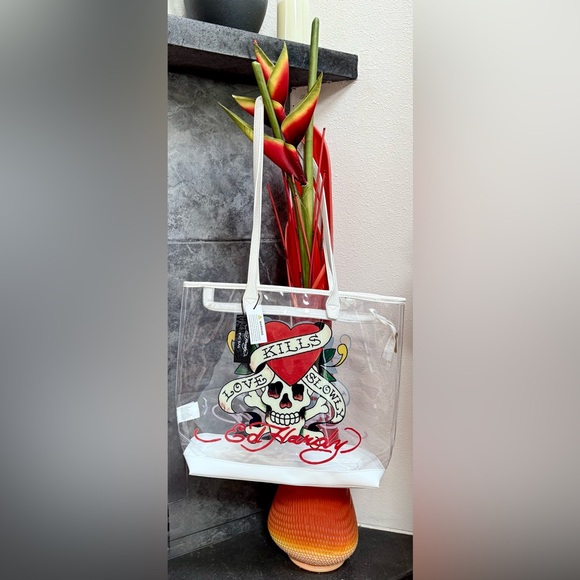 NWT Ed Hardy BIG clear stadium bag PVC Zip tote Leather Trim ~ Love Kills Slowly - Picture 13 of 16